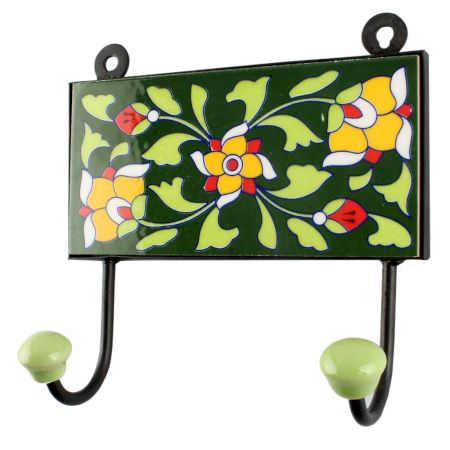 Forest Green Ceramic Floral Tile Hook